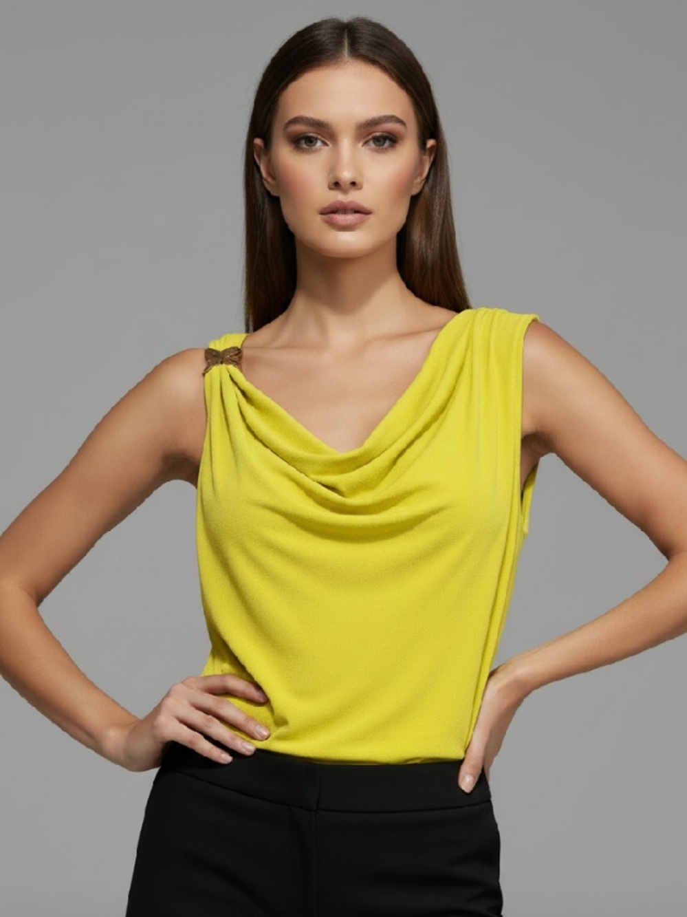 NWT Donna Karan Sleeveless Draped Cowl Neck Neon Green Blouse with Gold Metal